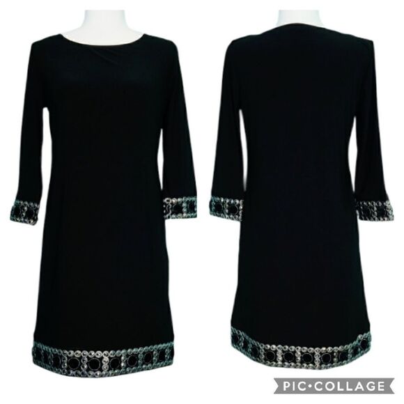 Tiana B. Jewel Embellished Black Shift Dress Crew Neck Long Sleeve Women Size 8P - Picture 1 of 12
